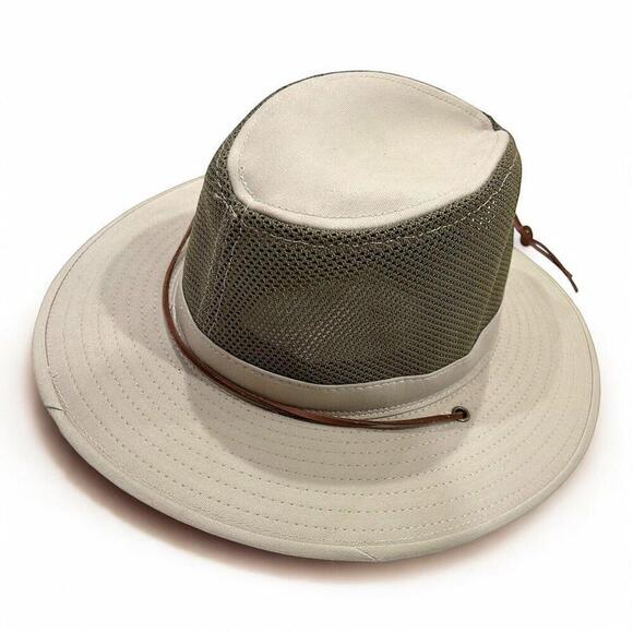 Panama Jack Mesh Khaki Tan Safari Sun Hat 3" Brim Leather Chin Strap SPF Unisex - Picture 4 of 11